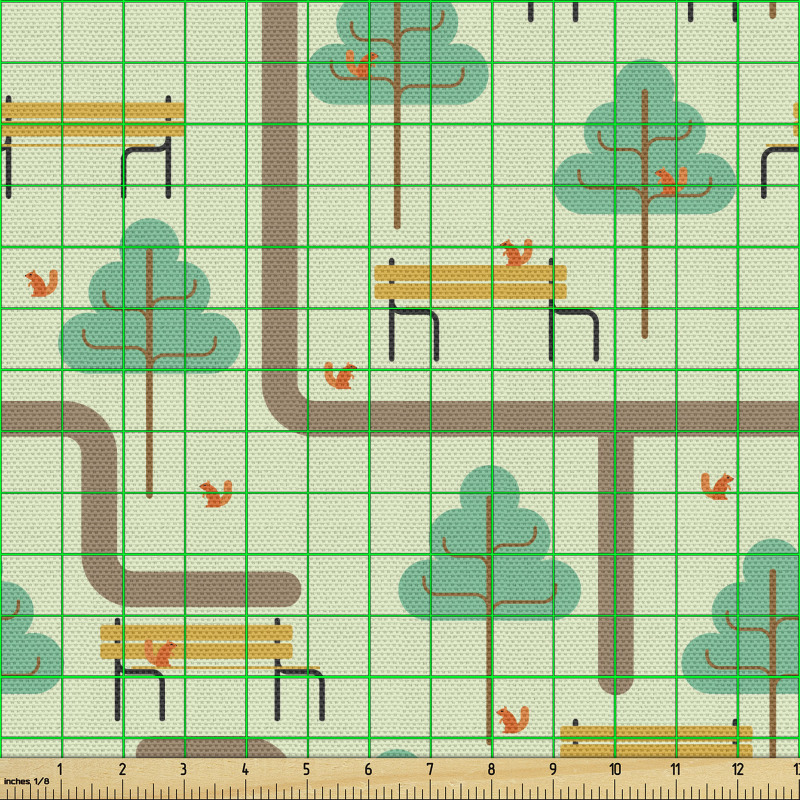 Doğa Parça Kumaş Park Temalı Ağaçlar Sincaplar Banklar Deseni