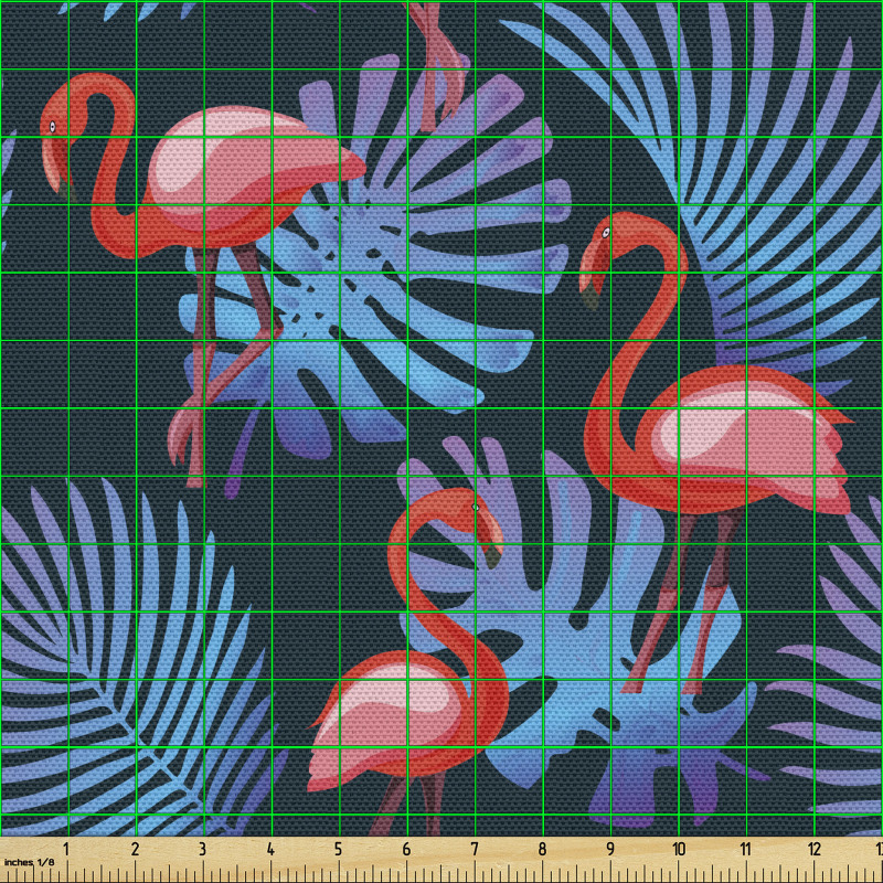 Tropikal Parça Kumaş Flamingolar ve Mavi Palmiye Yaprakları