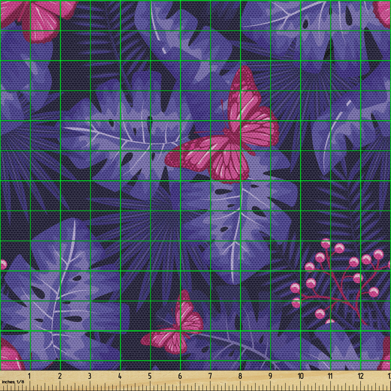 Botanik Parça Kumaş Tropik Yapraklar Üzerinde Tatlı Kelebekler 