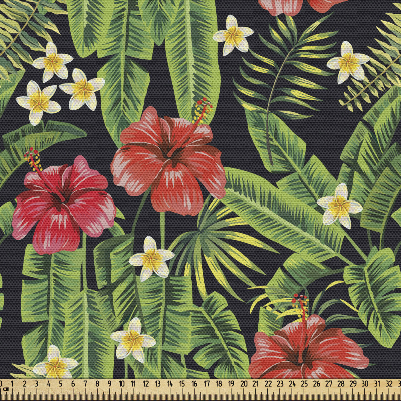 Egzotik Parça Kumaş Hawaii Temalı Palmiye Yaprakları Çiçekler 