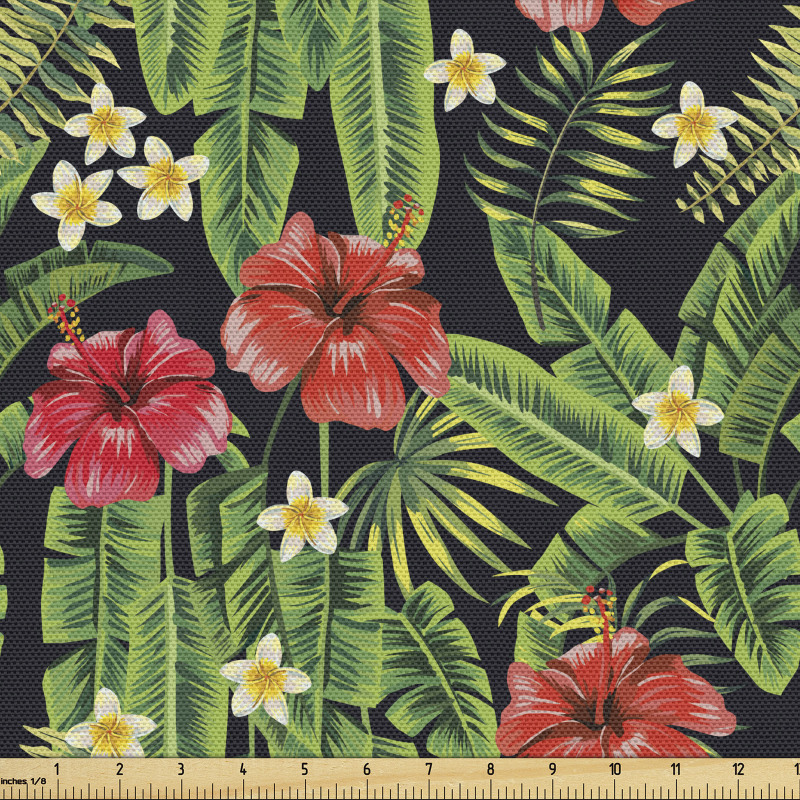 Egzotik Parça Kumaş Hawaii Temalı Palmiye Yaprakları Çiçekler 