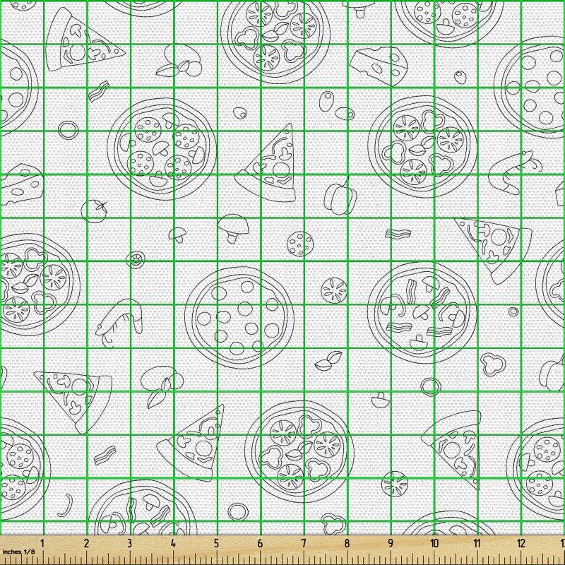 Yiyecek Parça Kumaş Siyah ve Beyaz Pizzalar Desenli Monokrom