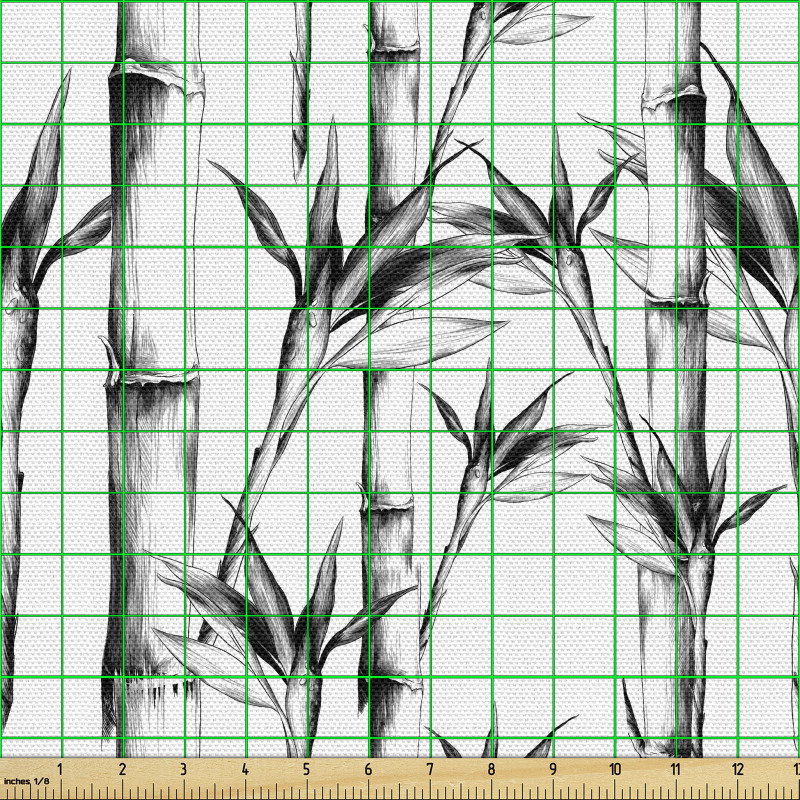 Monokrom Parça Kumaş Bambu Dalları ve Yaprakları Retro Tasarım 
