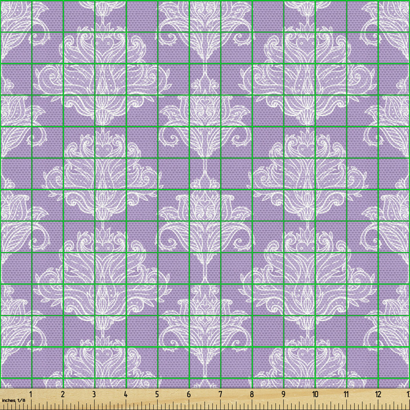 Şal Deseni Parça Kumaş Mor Fon Üstünde Beyaz Damasko Çizimi