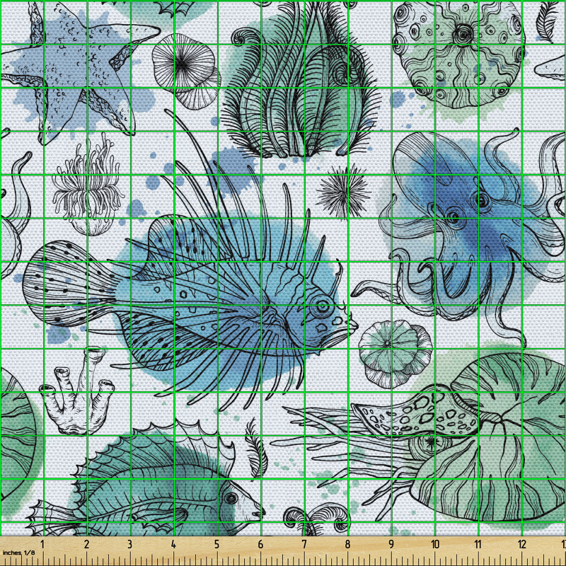 Doğa Parça Kumaş Balık Ahtapot Deniz Yıldızı Yosun Çizimleri