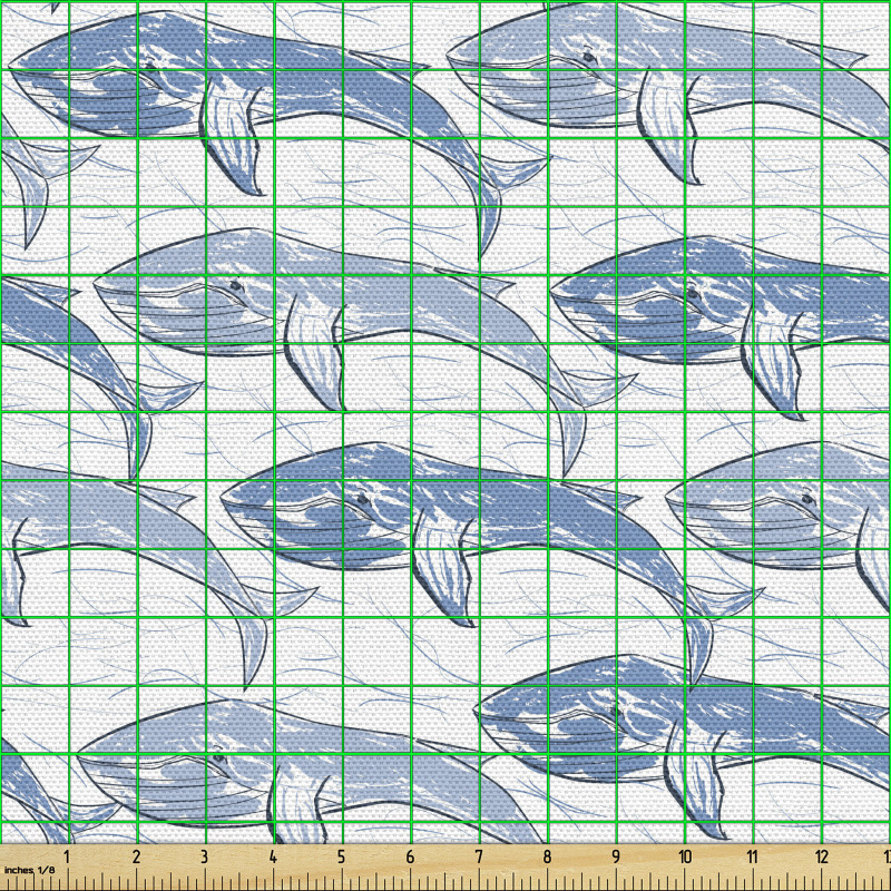 Karalama Parça Kumaş Okyanus Dalgaları ile Yüzen Balinalar