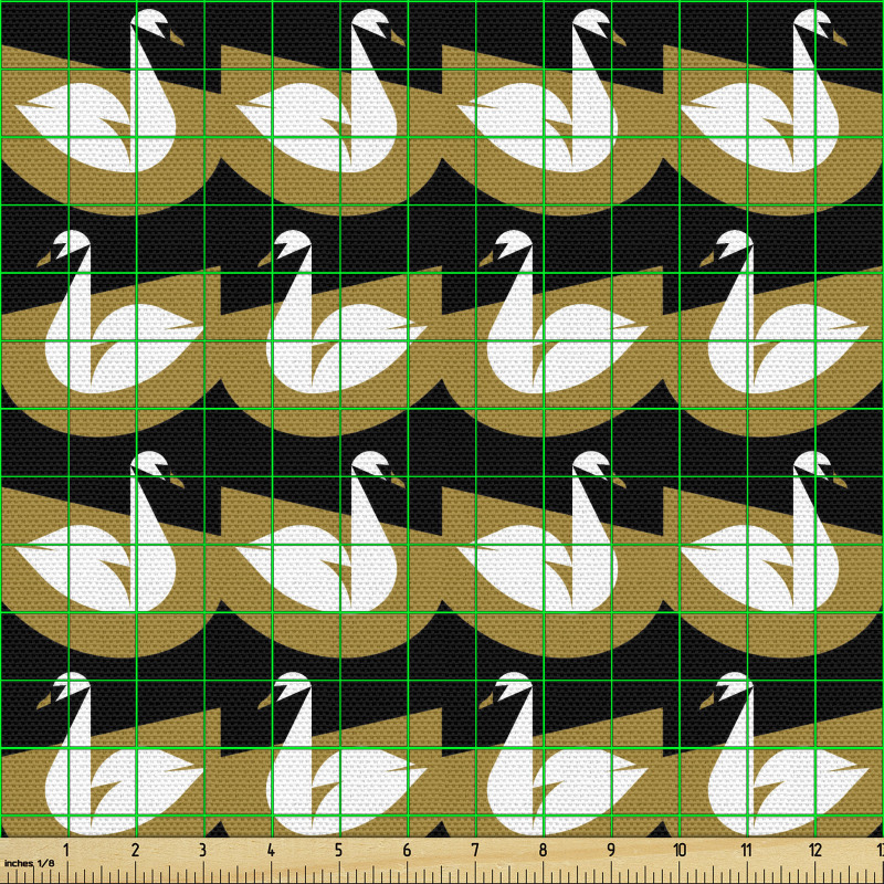 Su Hayvanı Parça Kumaş Geometrik Çizimli Beyaz Kuğu Silüetleri