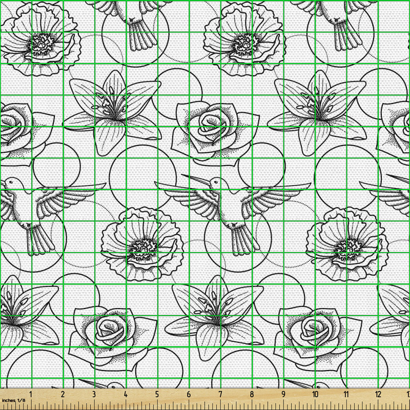 Bahar Parça Kumaş El Çizimi Kuş Gül Yuvarlak Formları Tasarımı