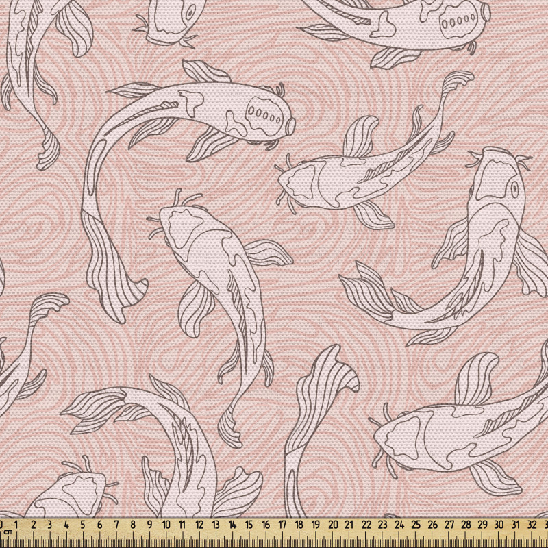 Sualtı Parça Kumaş Dalgalı Pembe Fonda Yüzen Koi Balığı Çizimi