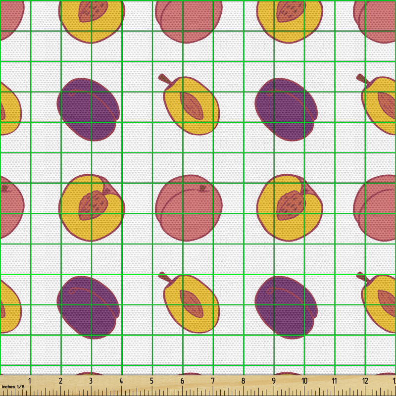 Meyveler Parça Kumaş Bütün ve Yarım Şeftali ile Erik Çizimleri