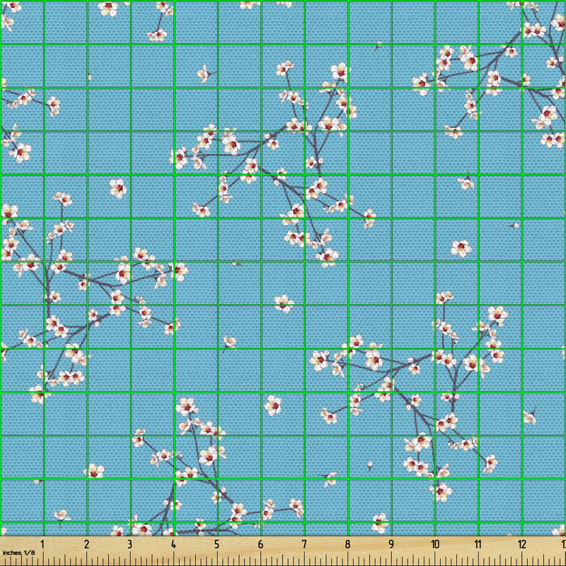 Floral Parça Kumaş Dallarda Açmış Şeftali Ağacı Çiçekleri Resmi