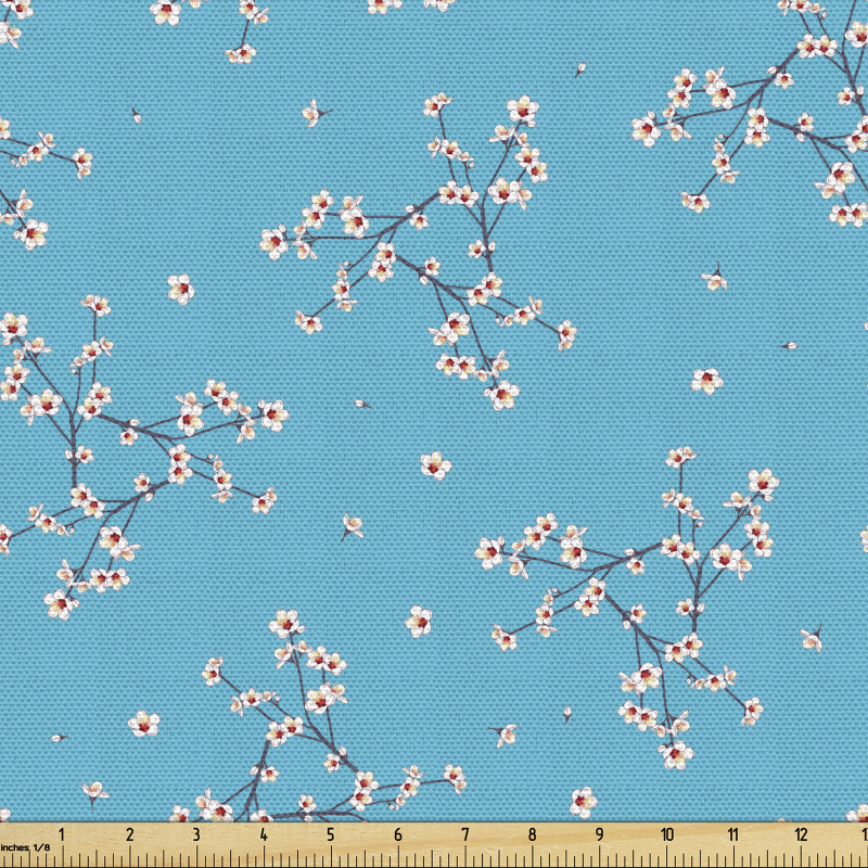 Floral Parça Kumaş Dallarda Açmış Şeftali Ağacı Çiçekleri Resmi