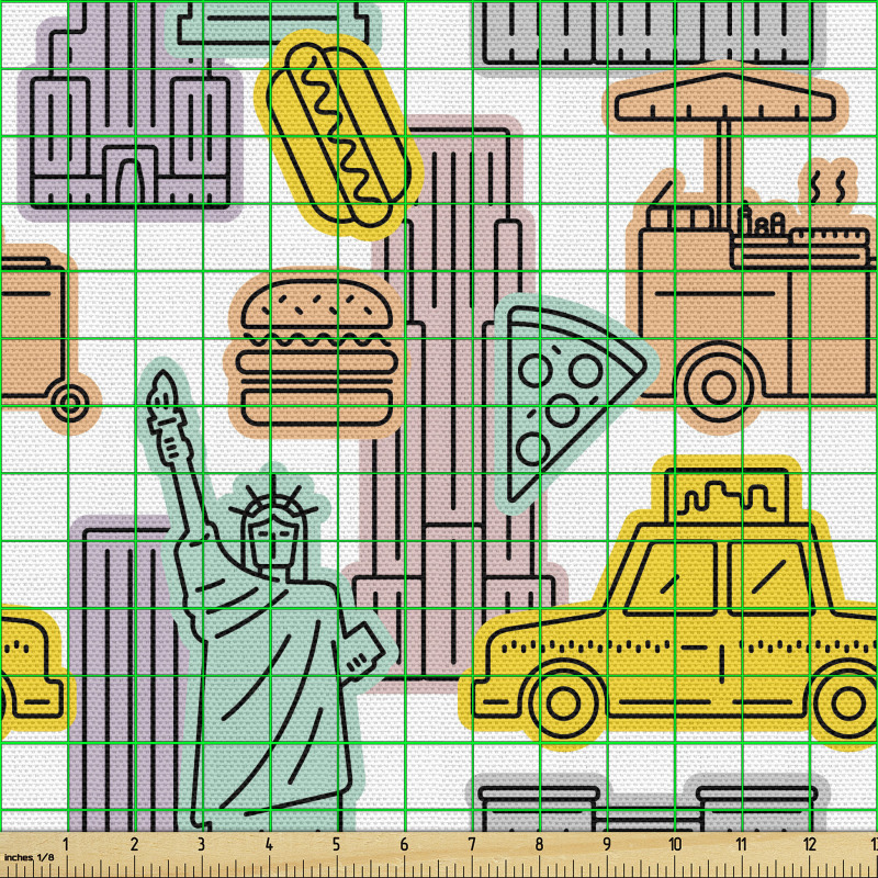 New York Parça Kumaş Grafik Çizgili Binalar Sosisli Sandviç