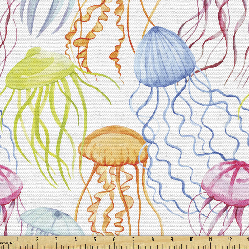 Deniz Parça Kumaş Renkli Suluboya Tasarım Denizanaları Görseli