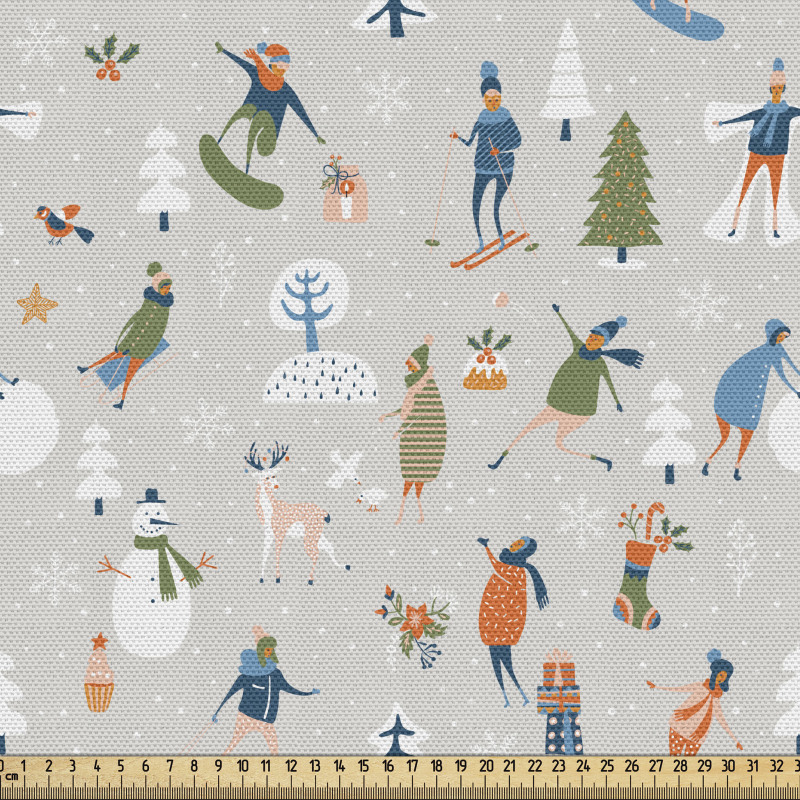 Kış Sporları Parça Kumaş Gri Fonlu Kar Tatilcileri Desenli