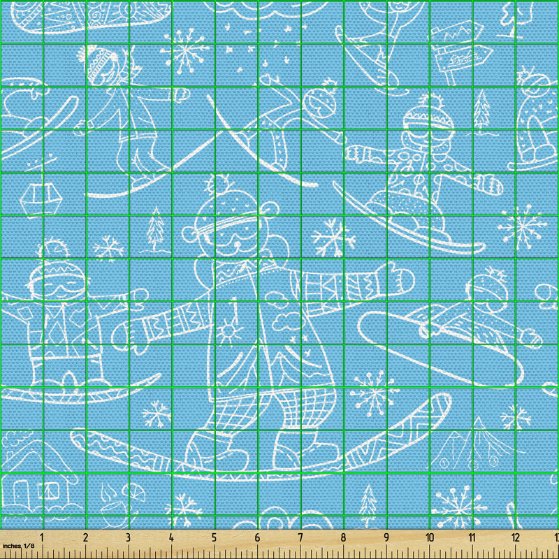 Kış Sporları Parça Kumaş Mavi Fon Üzerinde Kar ve Kayak Desenli