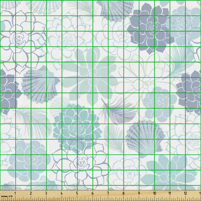 Mavi Parça Kumaş Deniz Kabukları Tüyler ve Sukulent Tasarımı