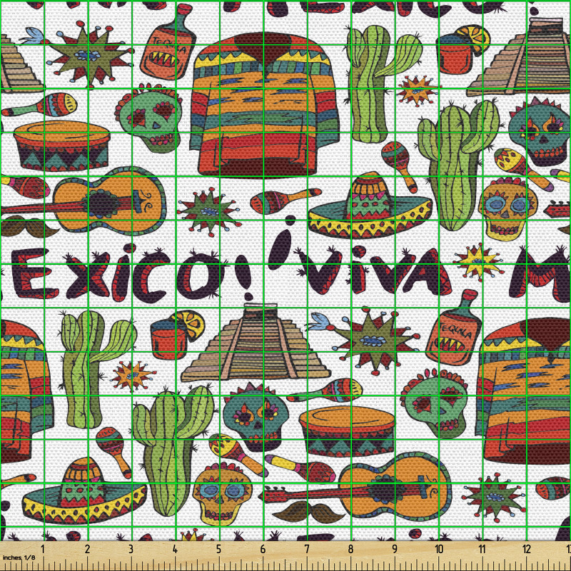 Ülkeler ve Şehirler Parça Kumaş Meksika Gitar ve Kaktüs