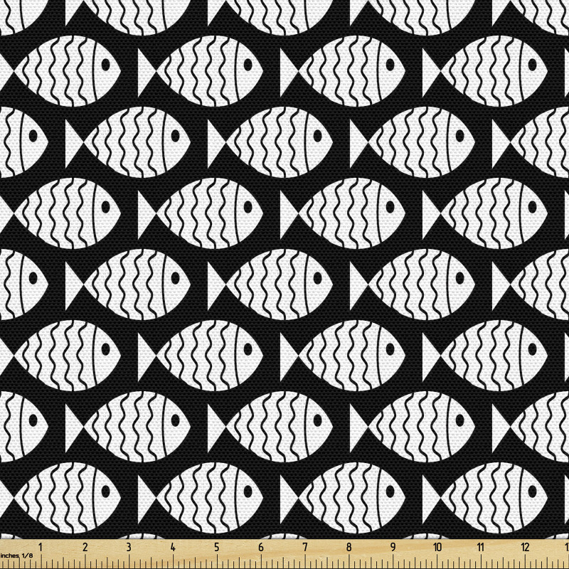 Hayvan Deseni Parça Kumaş Siyah Beyaz Simetrik Balık Motifleri