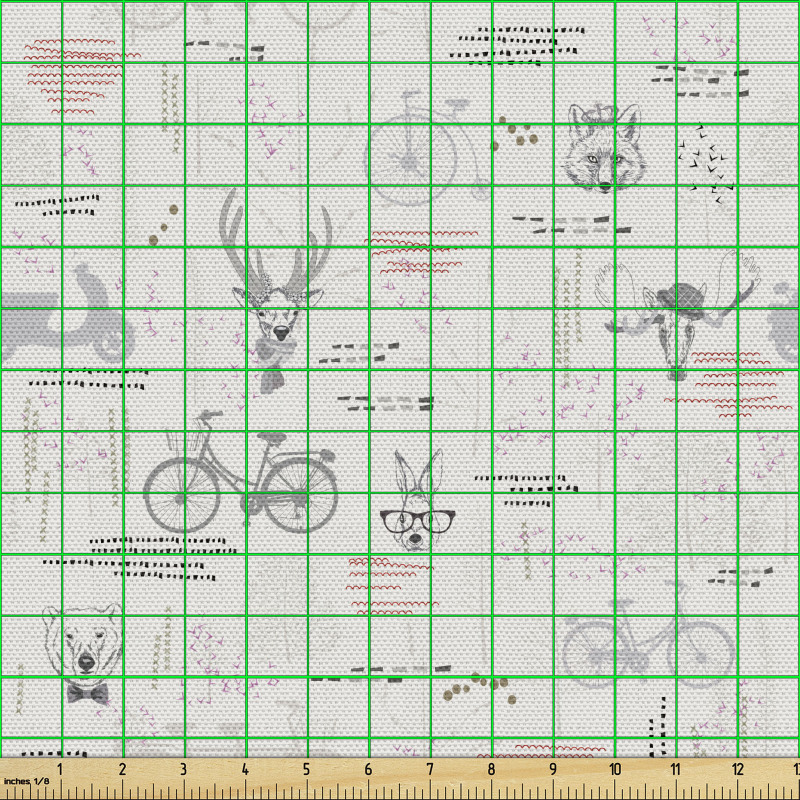 Hayvan Deseni Parça Kumaş Gri Bisiklet ve Tavşan