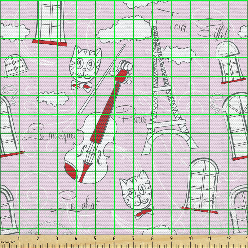 Şehir Parça Kumaş Karikatür Çizimli Eyfel Kulesi Kedi Görseli