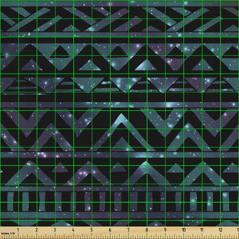 Geometrik Parça Kumaş Galaksi Temalı Zeminde Aztek Desenleri