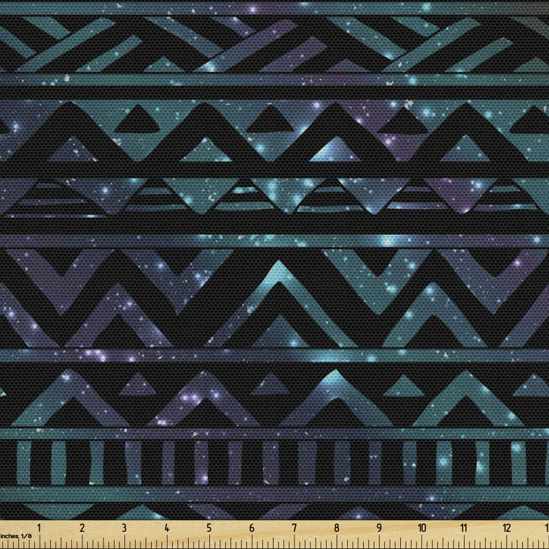 Geometrik Parça Kumaş Galaksi Temalı Zeminde Aztek Desenleri