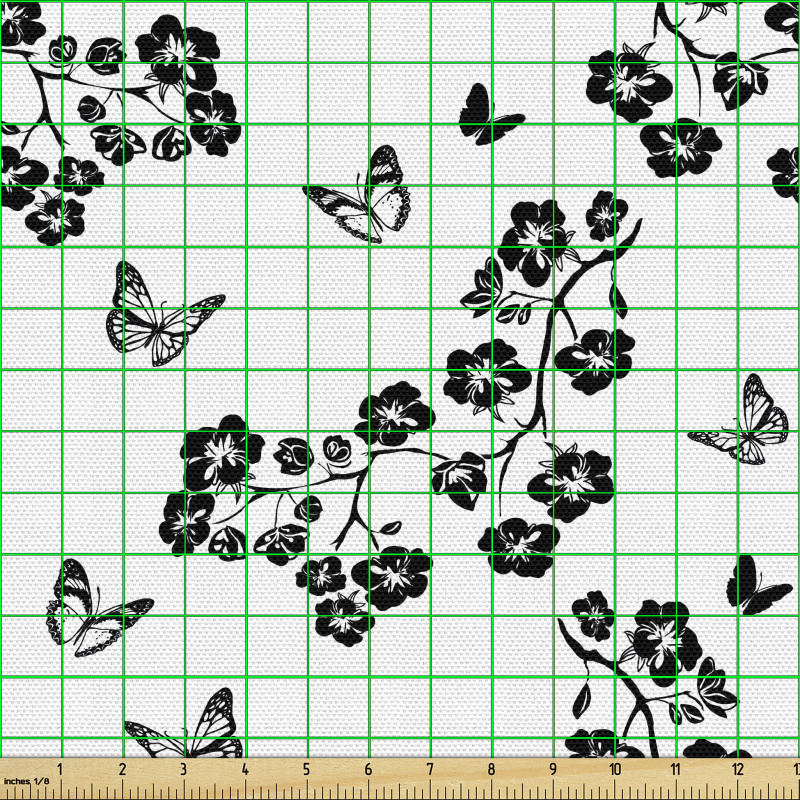 Doğa Parça Kumaş Düz Sade Zeminde Bahar Dallarındaki Kelebekler