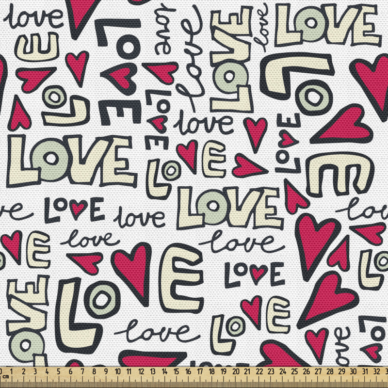Kalpli Parça Kumaş Sevgi Sembolleri Tekrarlı Aşk Yazılı Desen