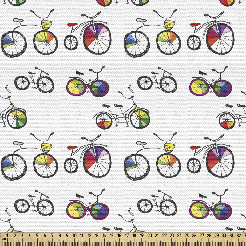 Gezinti Parça Kumaş Beyaz Fon Üzerine Karikatürize Bisikletler