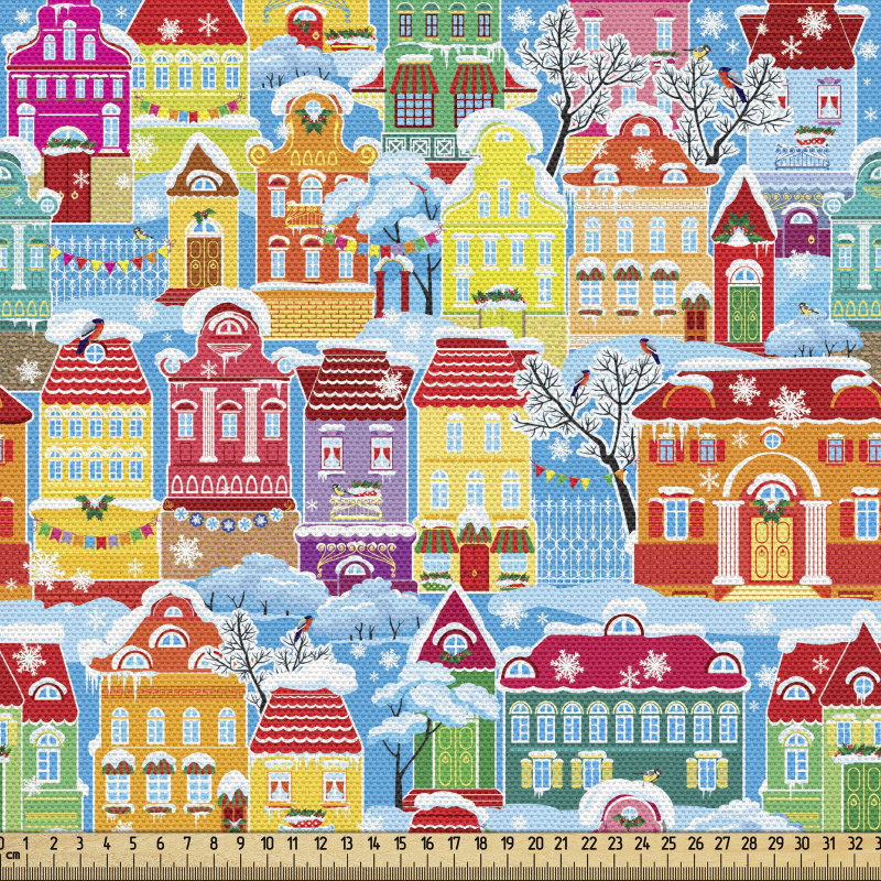 Kış Parça Kumaş Noelin Gelişini Kutlayan Şehrin Evleri Model
