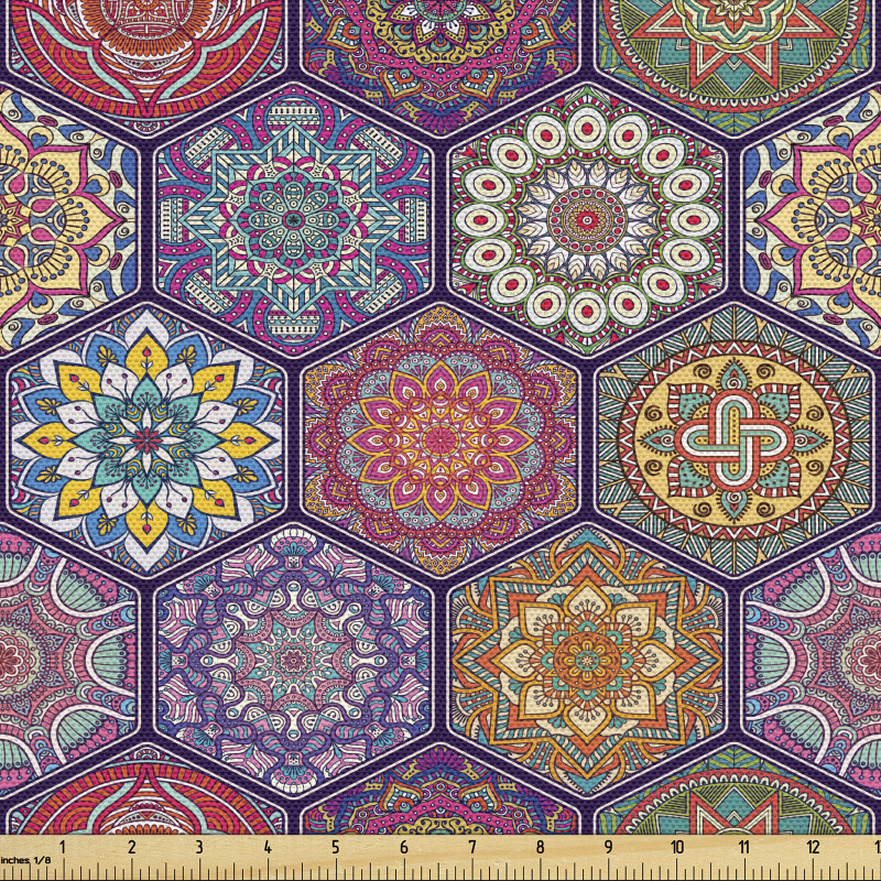 Mandala Parça Kumaş Altıgen Şekiller İçinde Çiçeksi Süslemeler