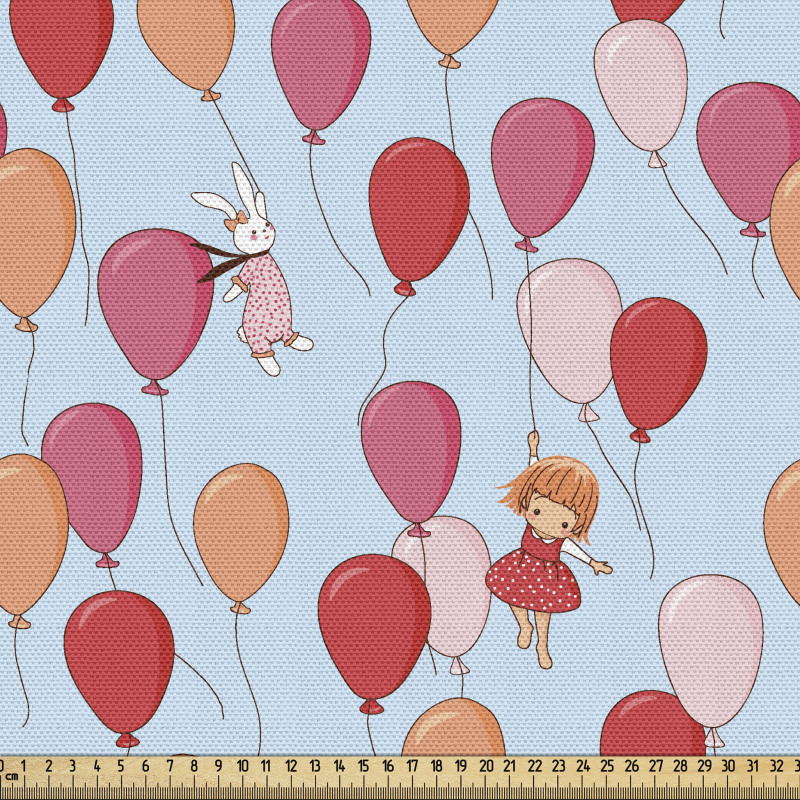 Çok Renkli   Parça Kumaş Balonlara Tutunarak Uçan Kız ve Tavşanlar
