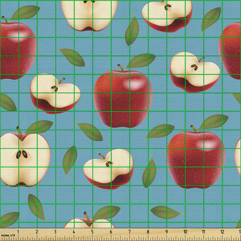 Elma Parça Kumaş Yeşil Yapraklar ve Perspektif Meyve Dilimleri