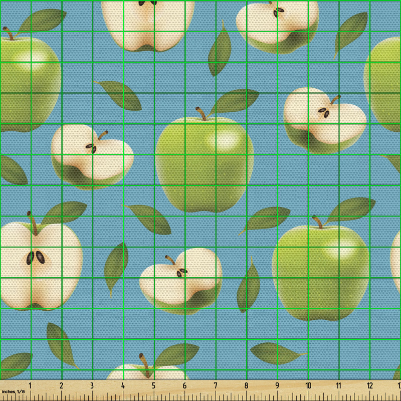 Elma Parça Kumaş Yeşil Yapraklar ve Perspektif Bahçe Meyveleri