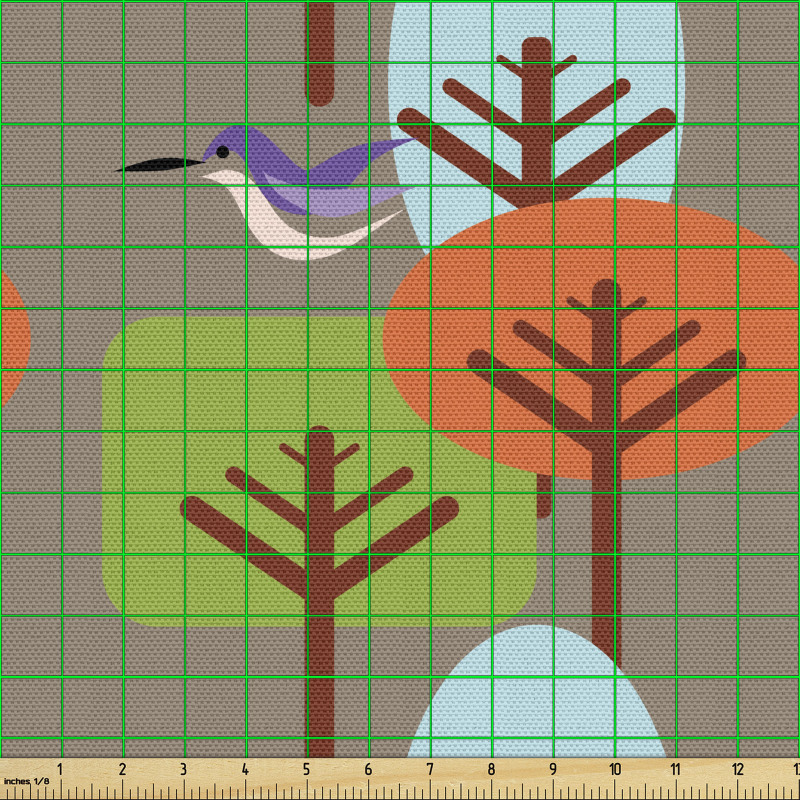 Soyut Parça Kumaş Tekrarlı Abstre Minimal Ağaç ve Kuş Çalışması