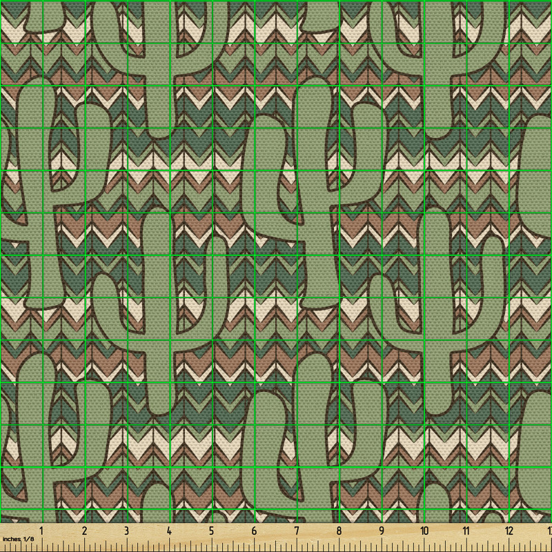 Bitki Parça Kumaş Zik Zak Çizgili Arka Planda Kaktüs Desenli