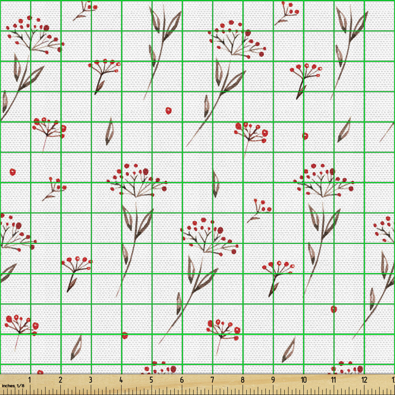 Bitki Parça Kumaş Beyaz Arka Planda Kırmızı Tomurcuklu Çiçekler