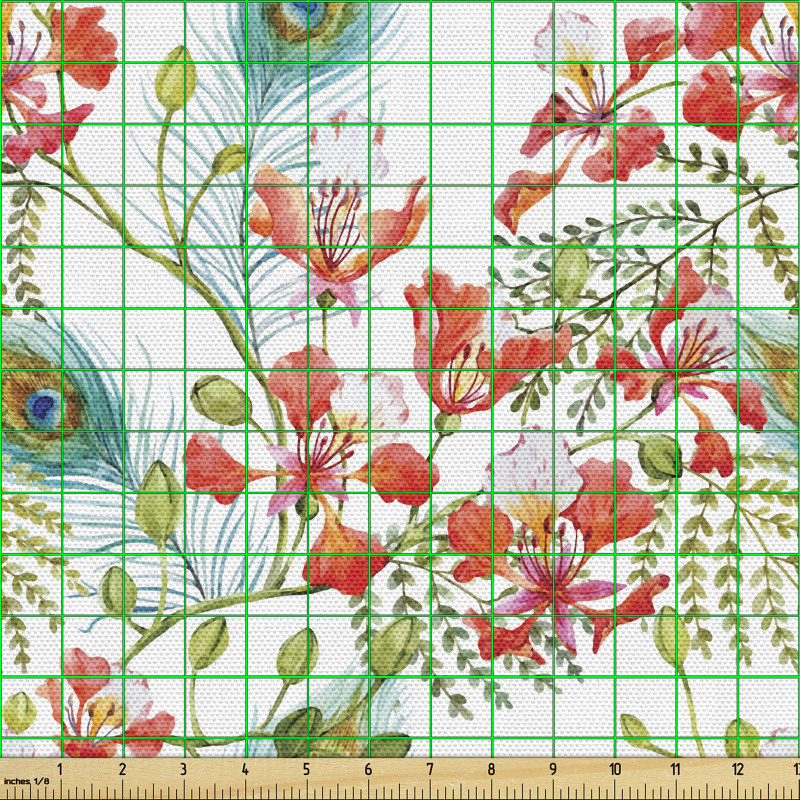 Bitki Parça Kumaş Sulu Boyayla Yapılmış Çiçekli Tavuskuşu Tüyü