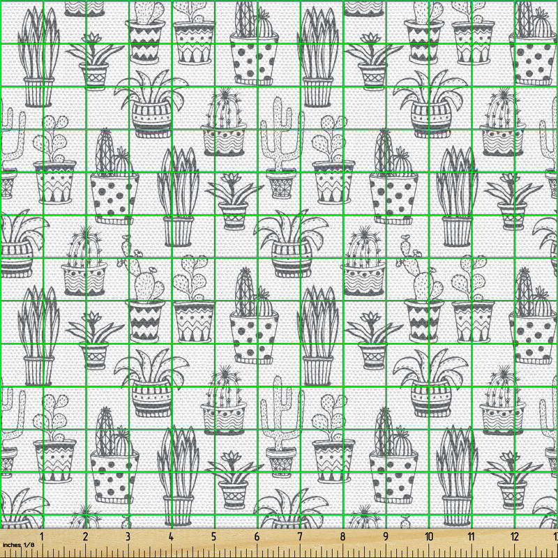 Kaktüs Parça Kumaş Saksı İçinde Tekrarlı Siyah Bitki Çizimleri