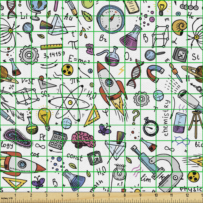 Öğretim Temalı Parça Kumaş Düz Arka Planda Bilim Ögeleri Çizimi
