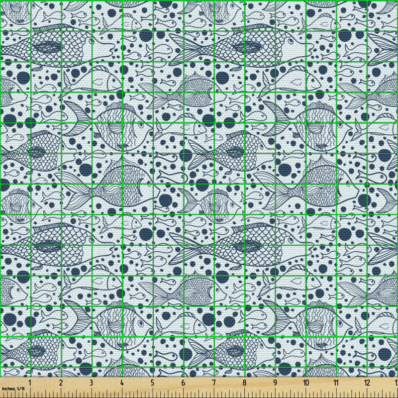 Grafik Parça Kumaş Farklı Boyutlarda Çizgisel Balık Görseli