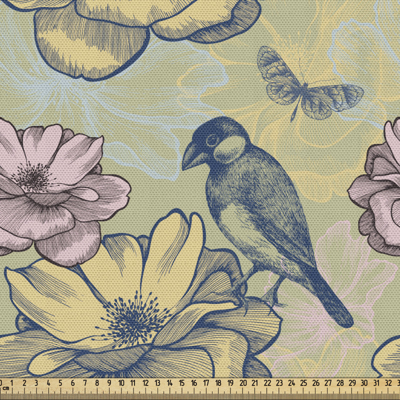 Doğa Parça Kumaş Çiçeksi Arka Plan Üzerine Zambak Üstünde Kuş