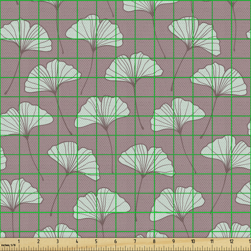 Botanik Parça Kumaş Pembe Fonda Ginkgo Biloba Yaprağı Çizimi