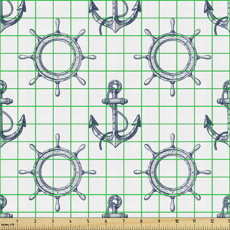 Denizcilik Parça Kumaş Düz Arka Planda Çapa ve Dümen Örüntüsü