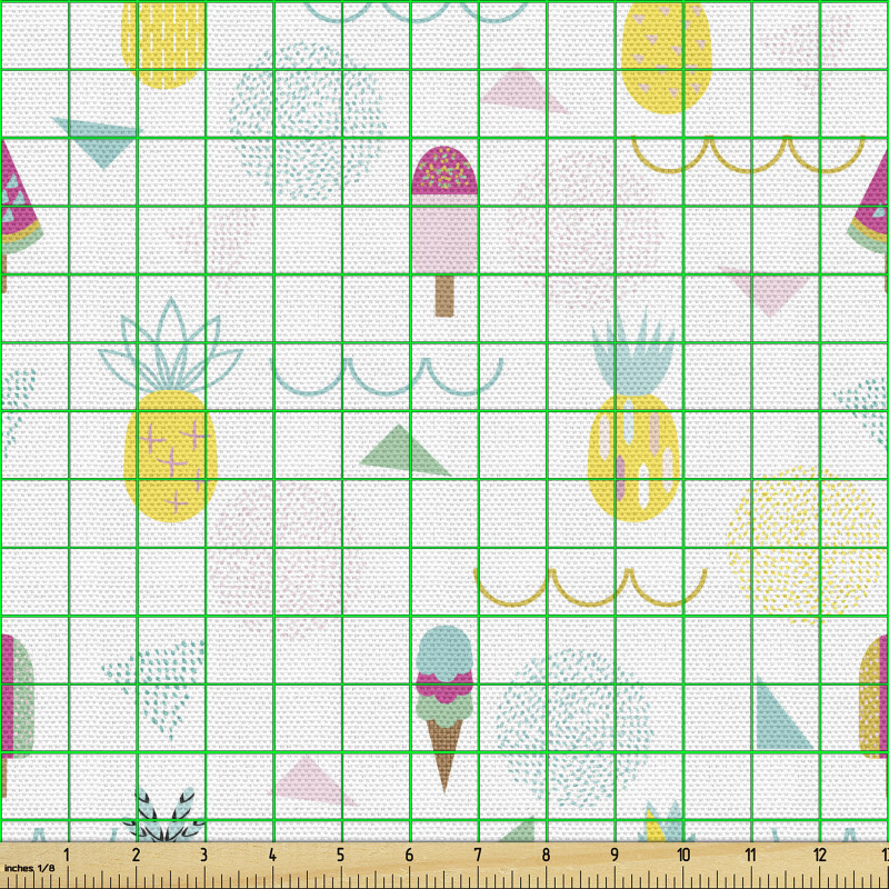 Meyve Parça Kumaş Geometrik Arka Planda Ananas ve Dondurma