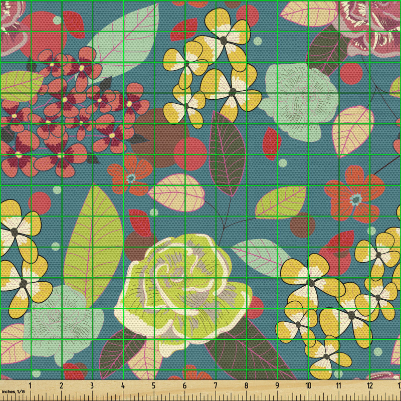 İllüstrasyon Parça Kumaş Turkuaz Zeminde Küçük Detaylı Çiçekler