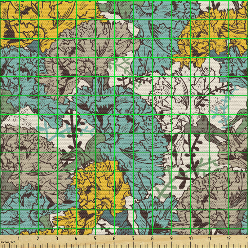 İllüstrasyon Parça Kumaş Sarı Yeşil Gri Vintage Çiçekli Görsel