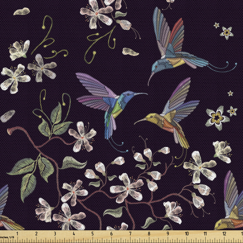 Bahar Parça Kumaş Doğal Ortamında Kuşlar ve Çiçeklerin Deseni