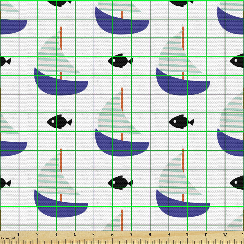 Yelkenli Parça Kumaş Balık ve Tekne Konseptli Tekrarlı Desen